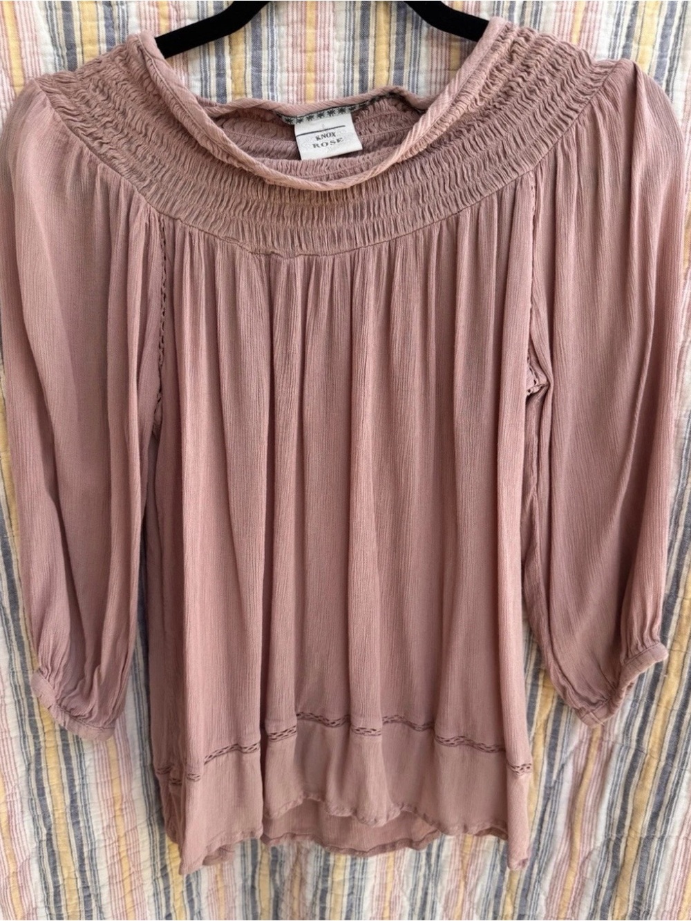 Knox Rose Dusty Rose Smocked Boat Neck Peasant Rayon Blouse 3/4 Sleeve